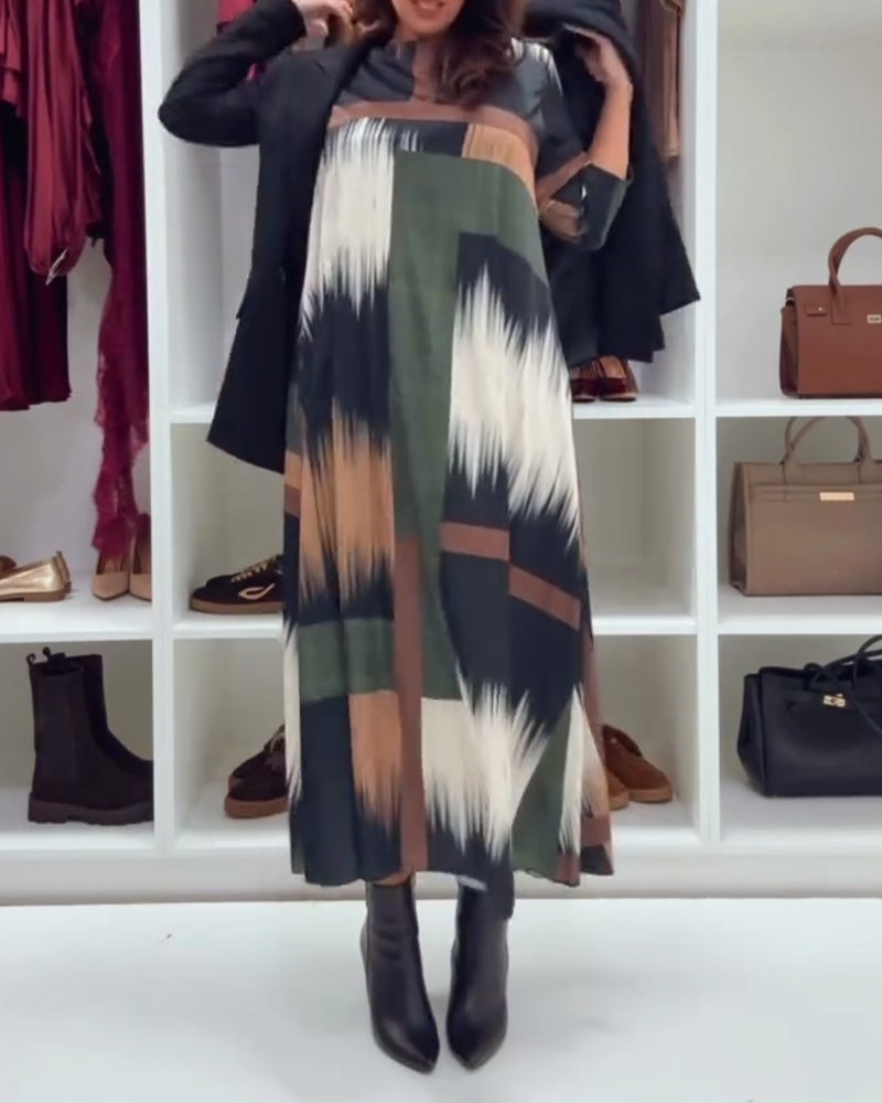 Modern Printed Dress With Round Neckline And Long Sleeves