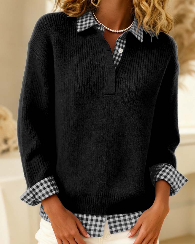 Solid Color Pullover with Checkered Patchwork