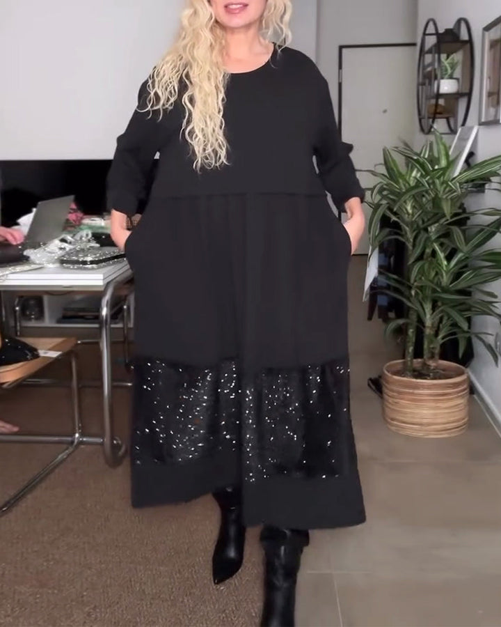 Dress Round Neck Sequins Patchwork Loose