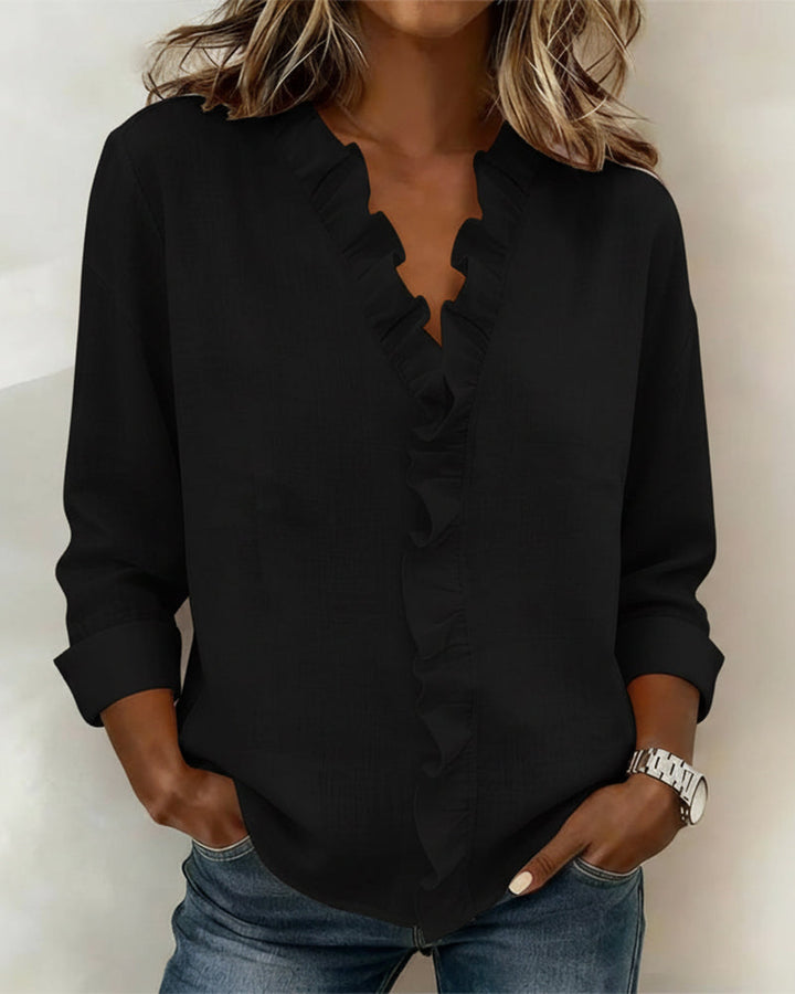 Ruffled Blouse with V-Neck and Long Sleeves