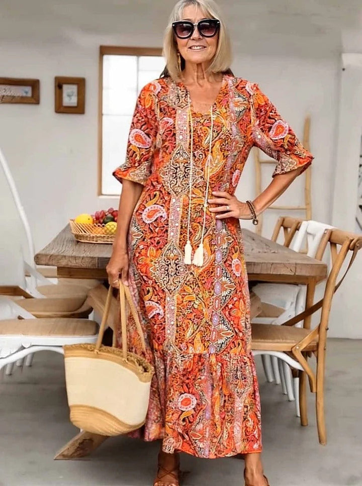 REVAYA – BOHEMIAN PAISLEY TASSEL TIE DRESS