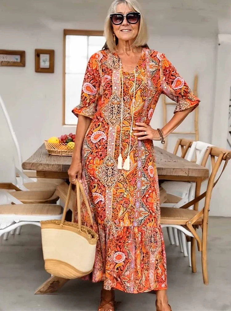 LUNESTRA – BOHO DRAWSTRING NECK MAXI DRESS
