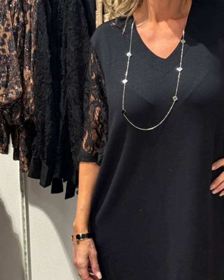 Stylish V-Neck Dress with Lace Sleeves