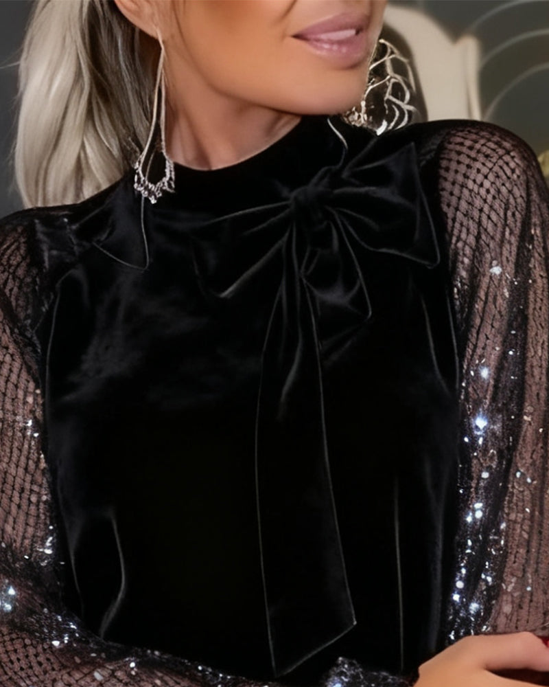 Elegant Dress with Lantern Sleeves and Patchwork