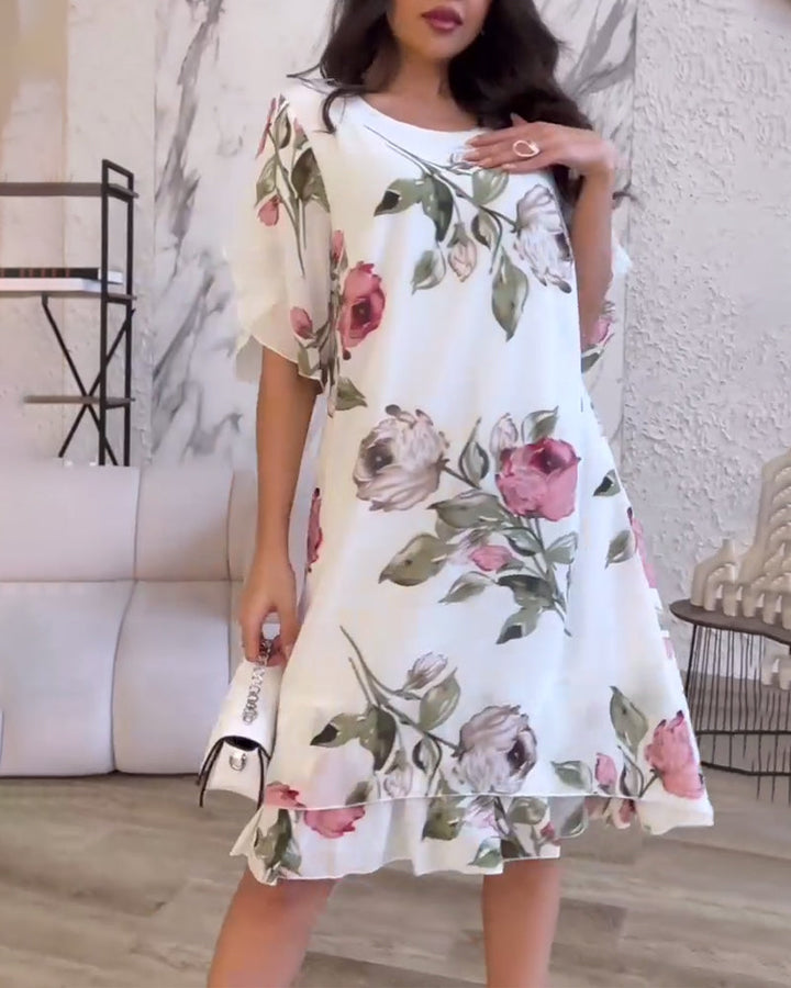 Elegant Flower Printed knee Length Dress with Round Neck