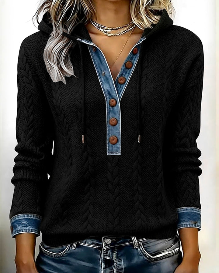 Color Blocked Long Sleeve Hoodie with Buttons