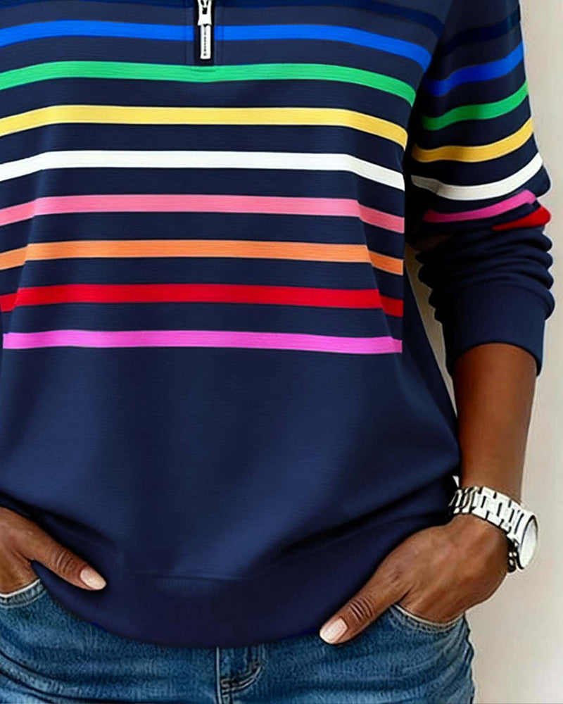 Mode Sweatshirt with Half Zipper and Rainbow Stripes