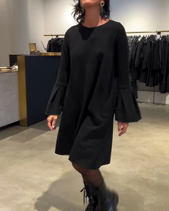 Dress Solid Color Bell Sleeve Ruched