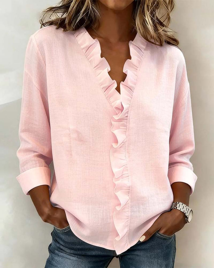 Ruffled Blouse with V-Neck and Long Sleeves