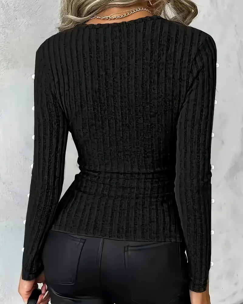 Sexy V-Neck Knitted Top with Beaded Sleeves