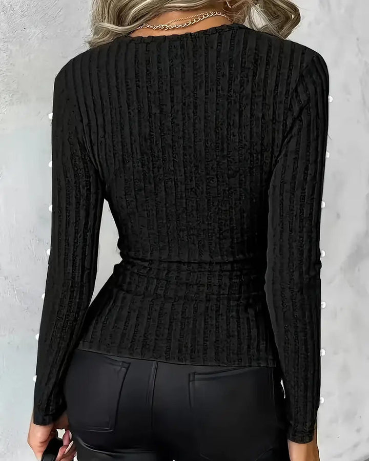 Sexy V-Neck Knitted Top with Beaded Sleeves