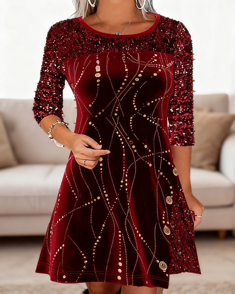 Dress with Glitter and Velvet Paneled Details