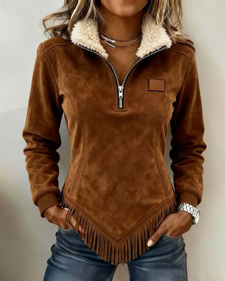 Sweatshirt with Half-Zip Collar Asymmetric Design and Fringe Detail