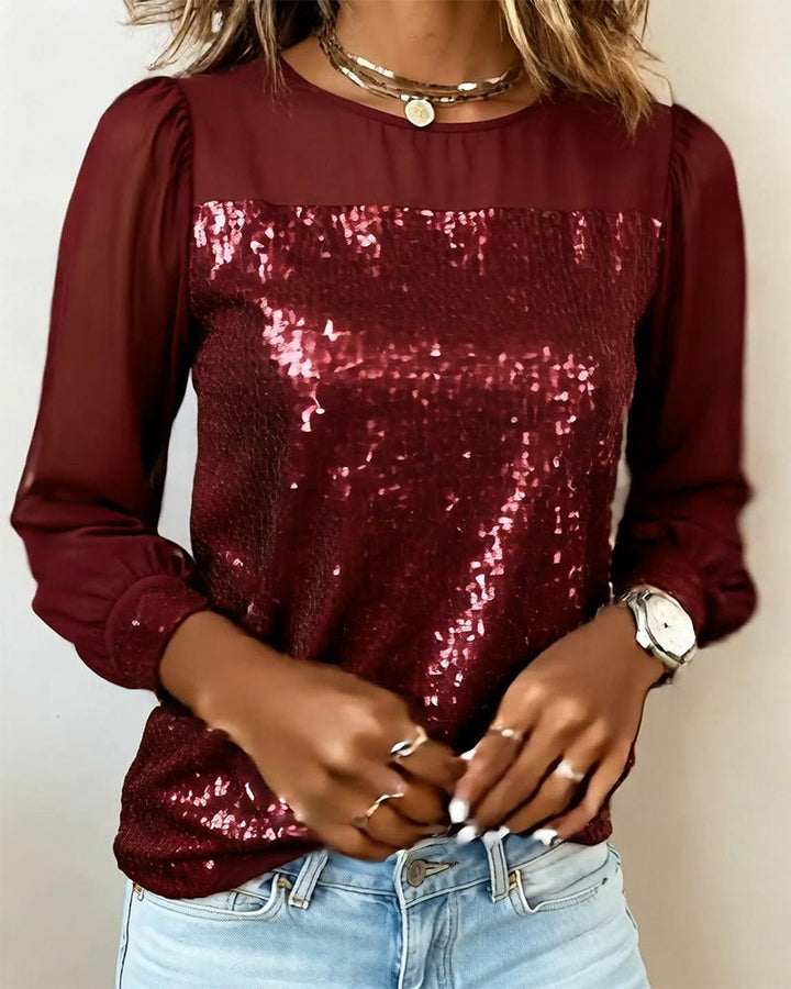 Top Sequin Panel Round Neck Long Sleeve