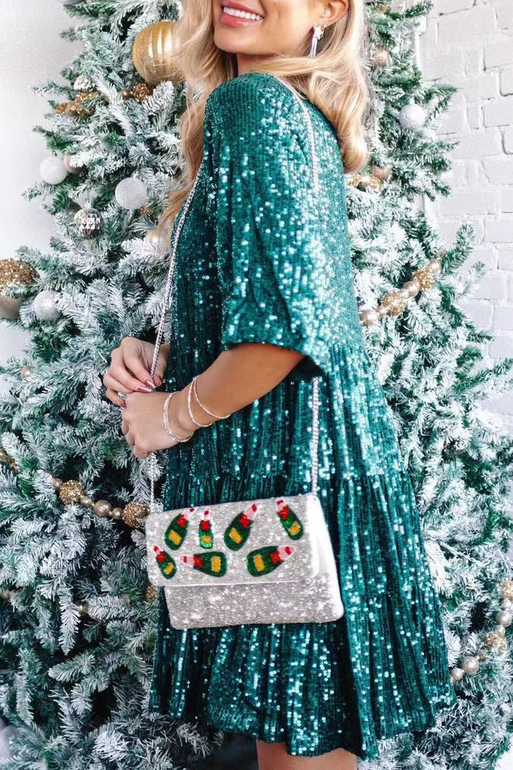 ELSINYA – CASUAL SOLID SEQUIN A-LINE DRESS