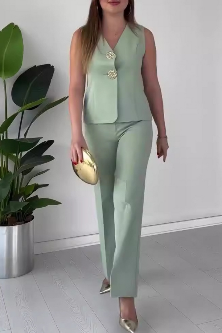 ARIANWEN – ELEGANT SOLID COLOR PATCHWORK V-NECK TWO-PIECE SET