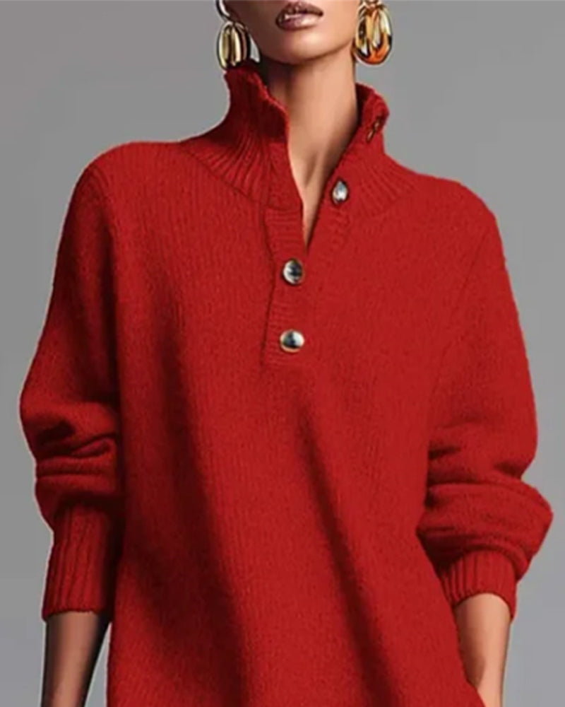 Solid Color Dress with Buttons and High Neck