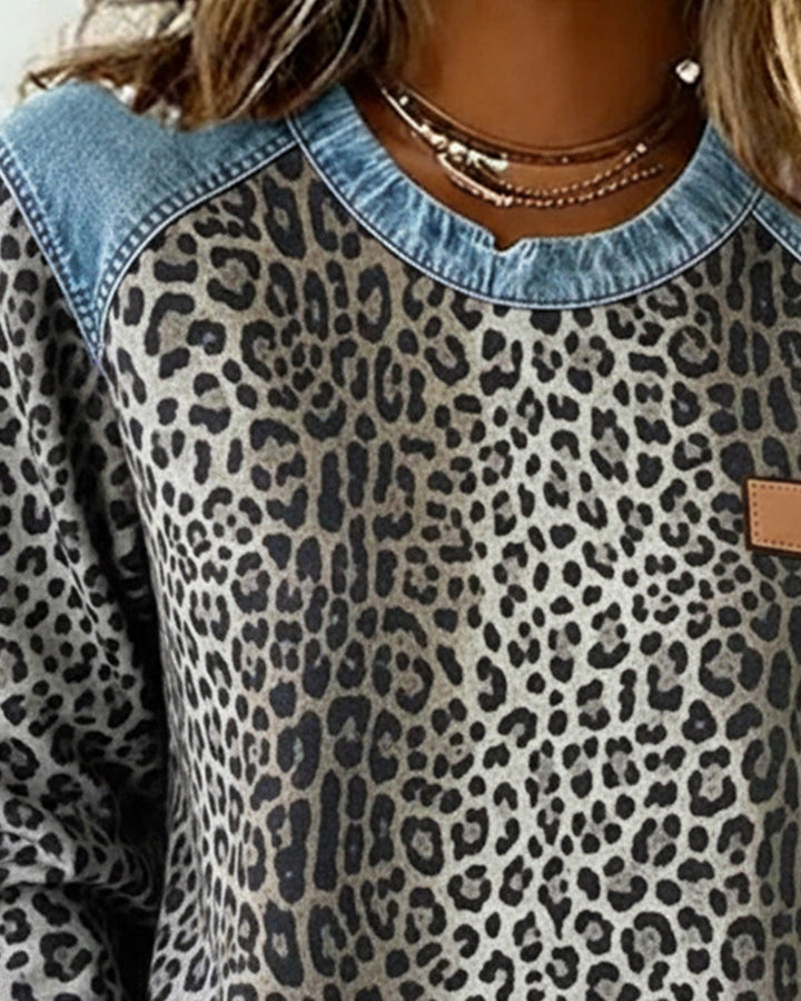Leopard Print Sweatshirt Denim Patchwork