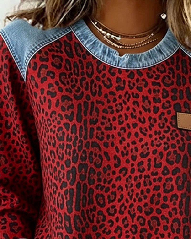 Leopard Print Sweatshirt Denim Patchwork