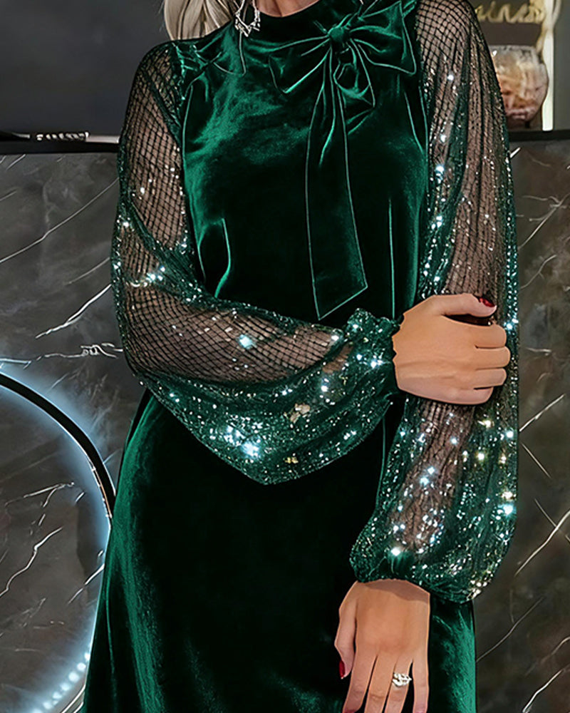 Elegant Dress with Lantern Sleeves and Patchwork