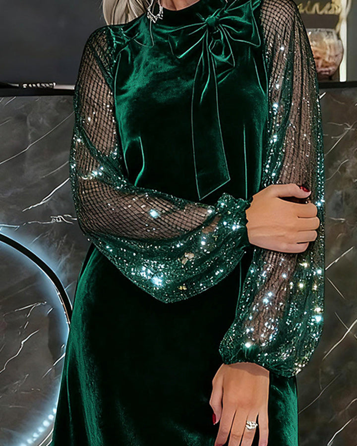 Elegant Dress with Lantern Sleeves and Patchwork