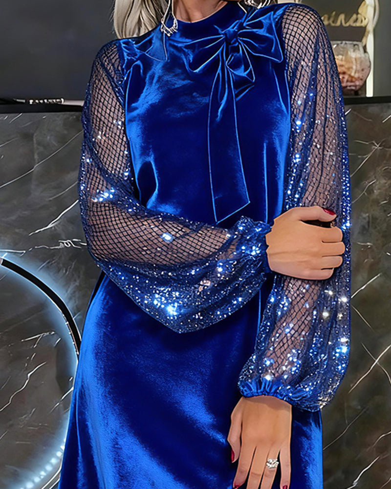 Elegant Dress with Lantern Sleeves and Patchwork