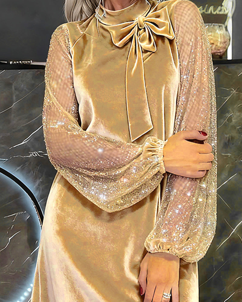 Elegant Dress with Lantern Sleeves and Patchwork