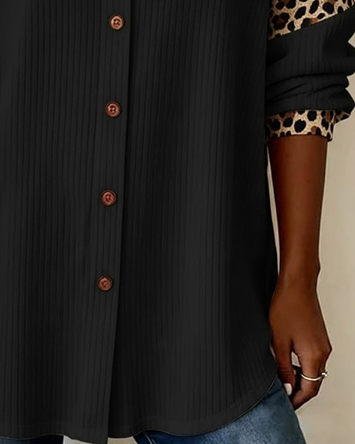 Shirt with Lapel Button Closure Leopard Print