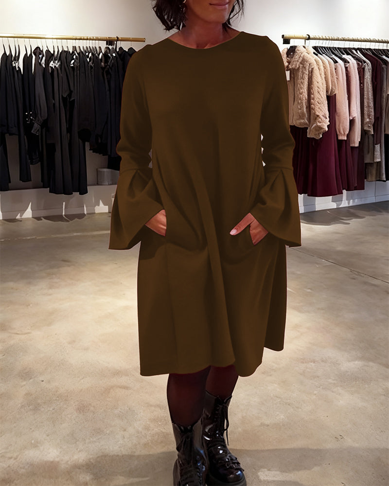 Dress Solid Color Bell Sleeve Ruched