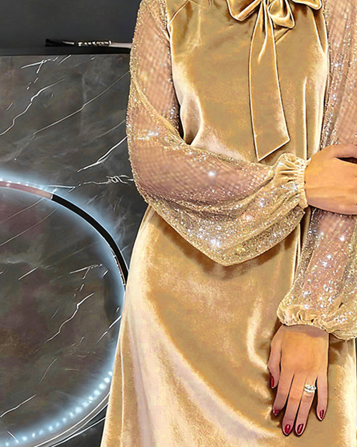 Elegant Dress with Lantern Sleeves and Patchwork