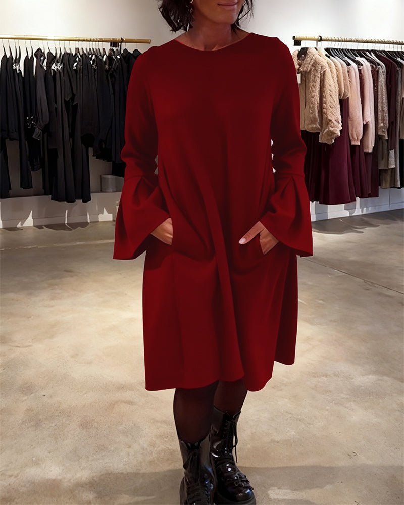 Dress Solid Color Bell Sleeve Ruched