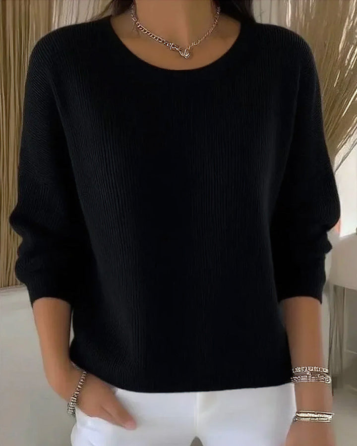 Solid Color Sweater with Round Neck and Drop Shoulder