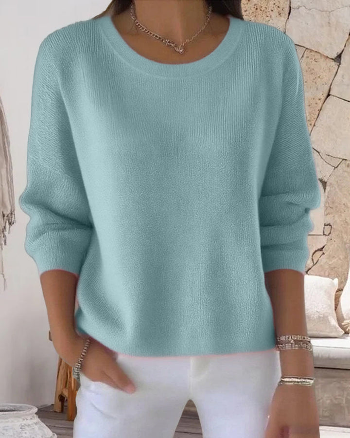 Solid Color Sweater with Round Neck and Drop Shoulder