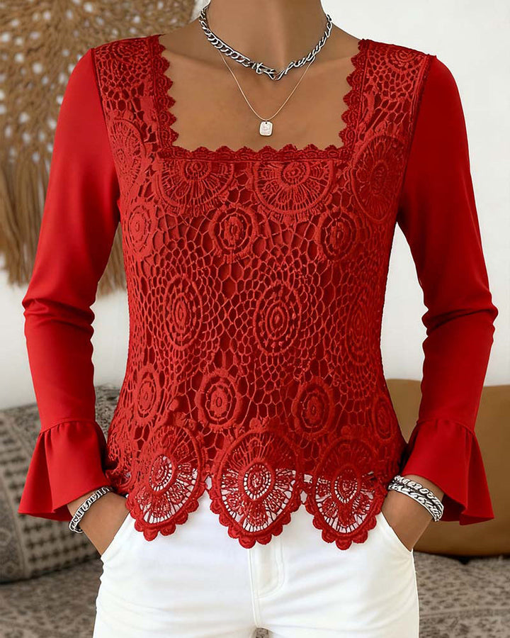 Crochet Blouse with Wide Neckline and Patchwork Details