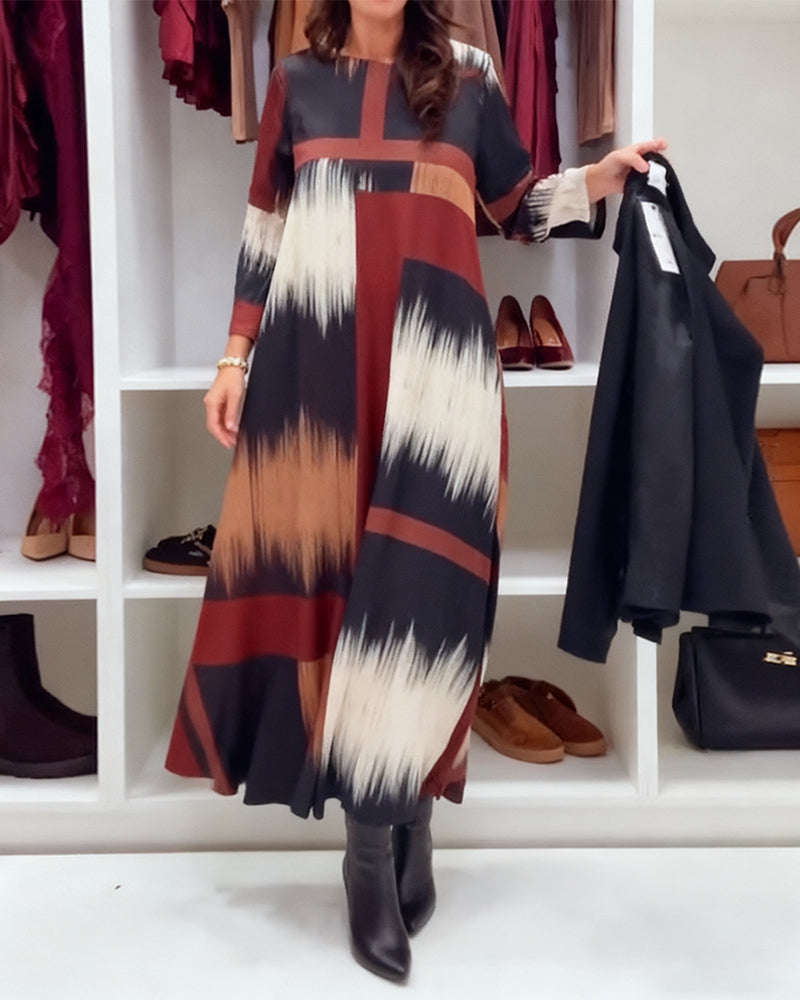 Modern Printed Dress With Round Neckline And Long Sleeves