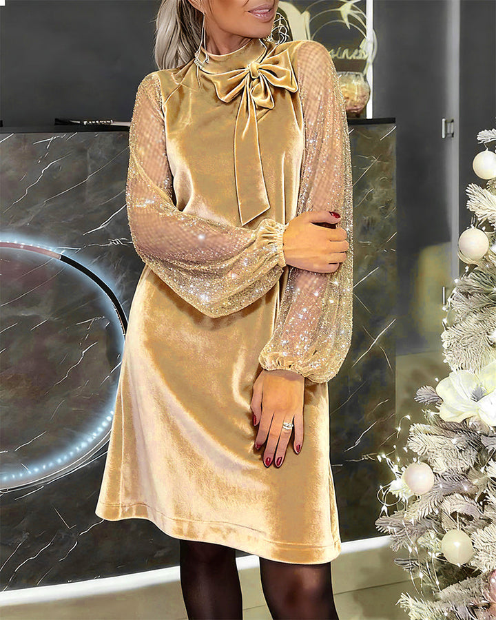 Elegant Dress with Lantern Sleeves and Patchwork