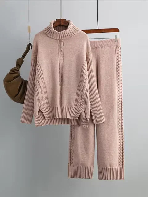 Scarlett - Chic High-Neck Knit Sweater & Loose Pants Set