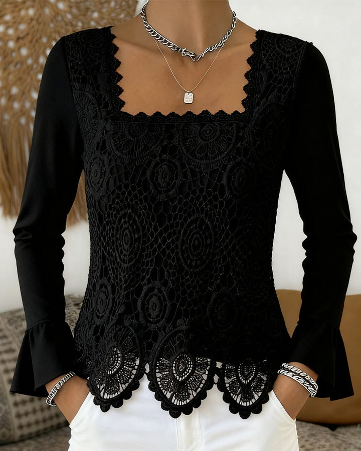 Crochet Blouse with Wide Neckline and Patchwork Details