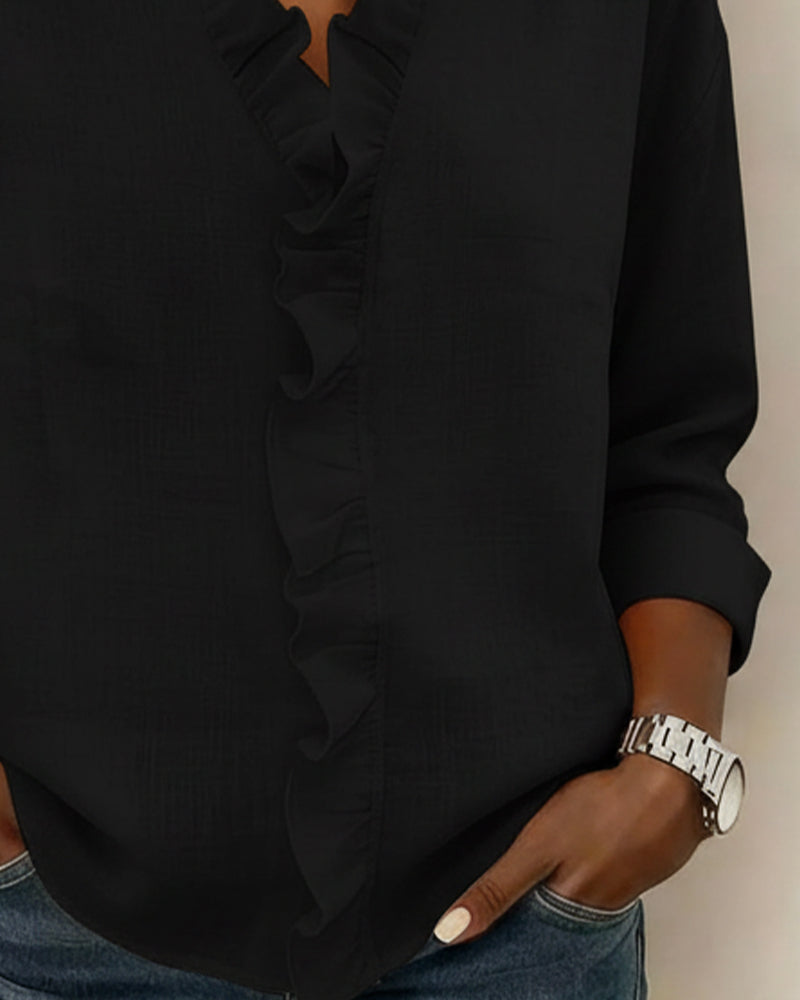 Ruffled Blouse with V-Neck and Long Sleeves