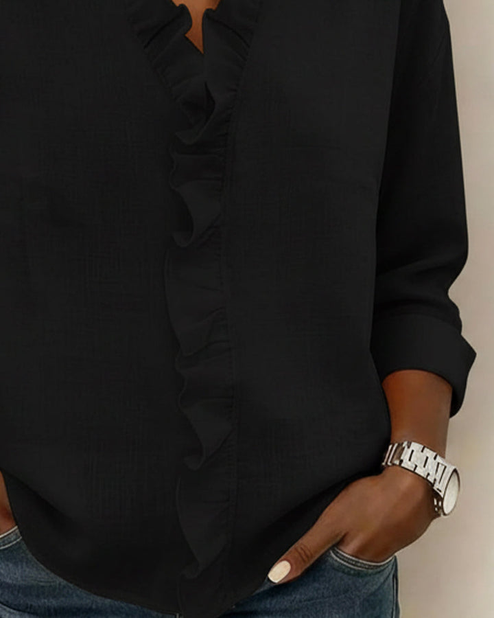 Ruffled Blouse with V-Neck and Long Sleeves