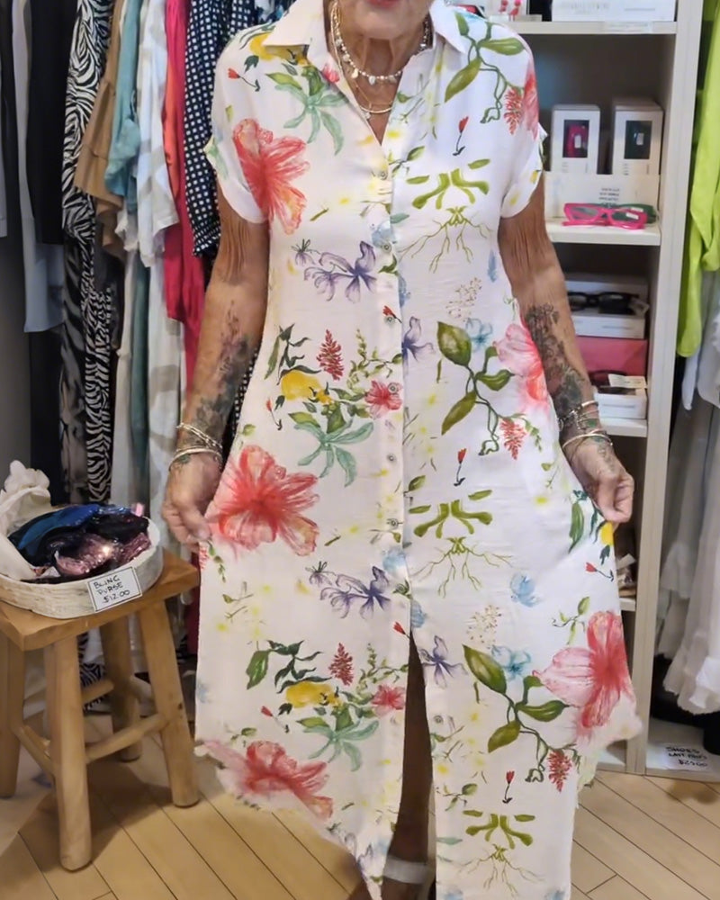 Shirt Dress Printed Lapels Buttons Down