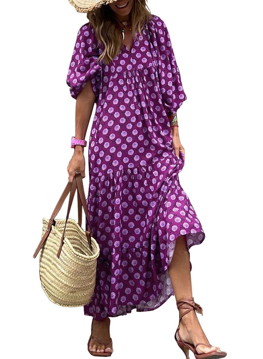 WINONA – WOMEN'S PUFF SLEEVE GEOMETRIC BOHEMIAN MAXI DRESS