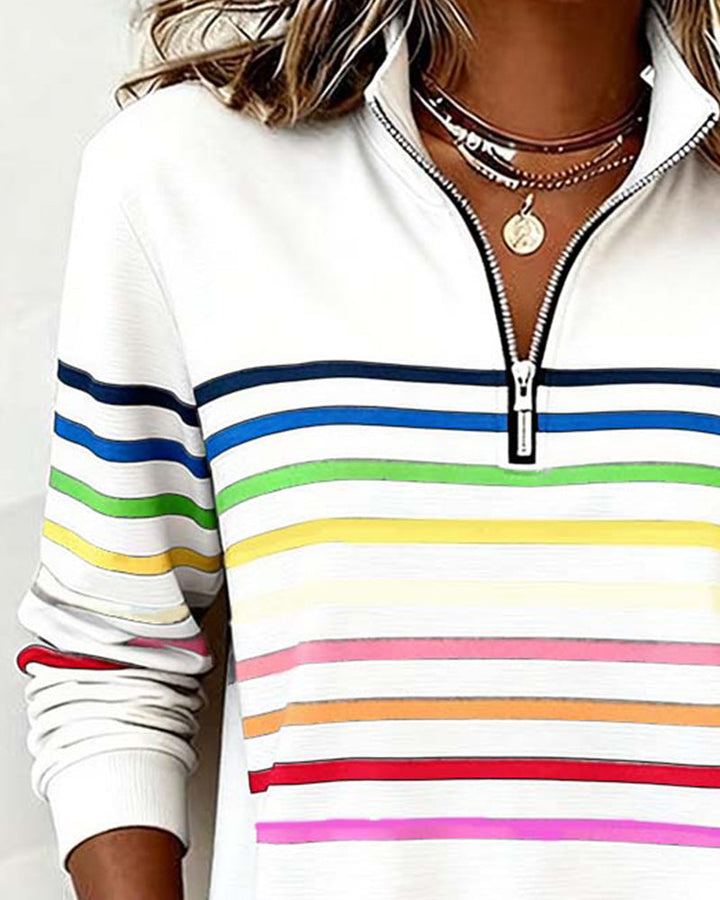 Mode Sweatshirt with Half Zipper and Rainbow Stripes