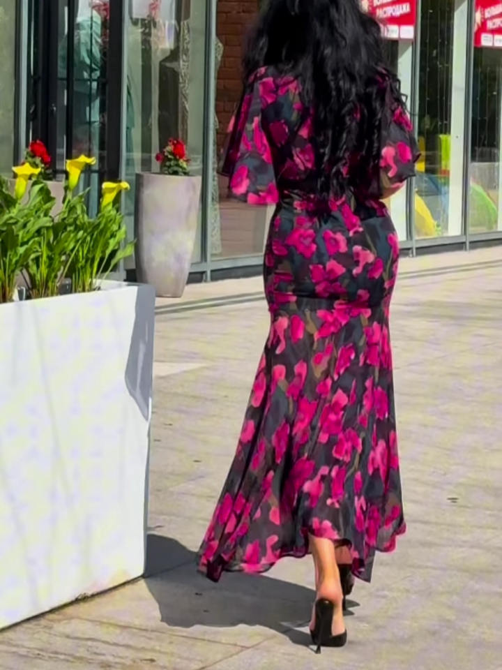 GALILEA – CHIC V-NECK DRESS WITH ARTISTIC PRINTS