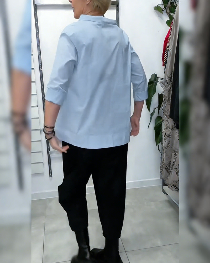 100% Cotton Blouse Wide Collar Solid Color Casual