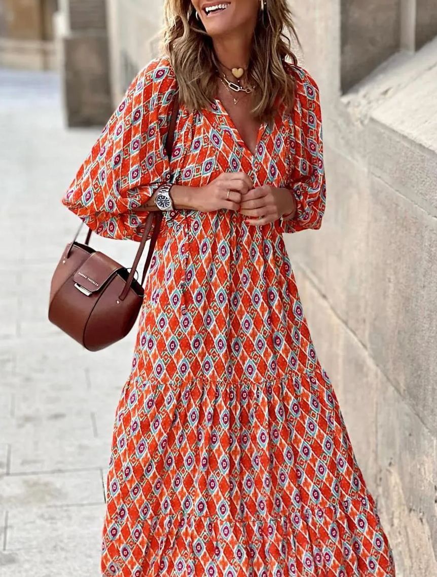 WINONA – WOMEN'S PUFF SLEEVE GEOMETRIC BOHEMIAN MAXI DRESS