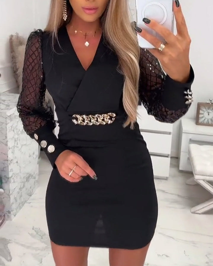 Dress with V-Neck, Chain Buttons, and Mesh Patchwork