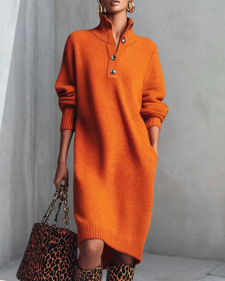 Solid Color Dress with Buttons and High Neck