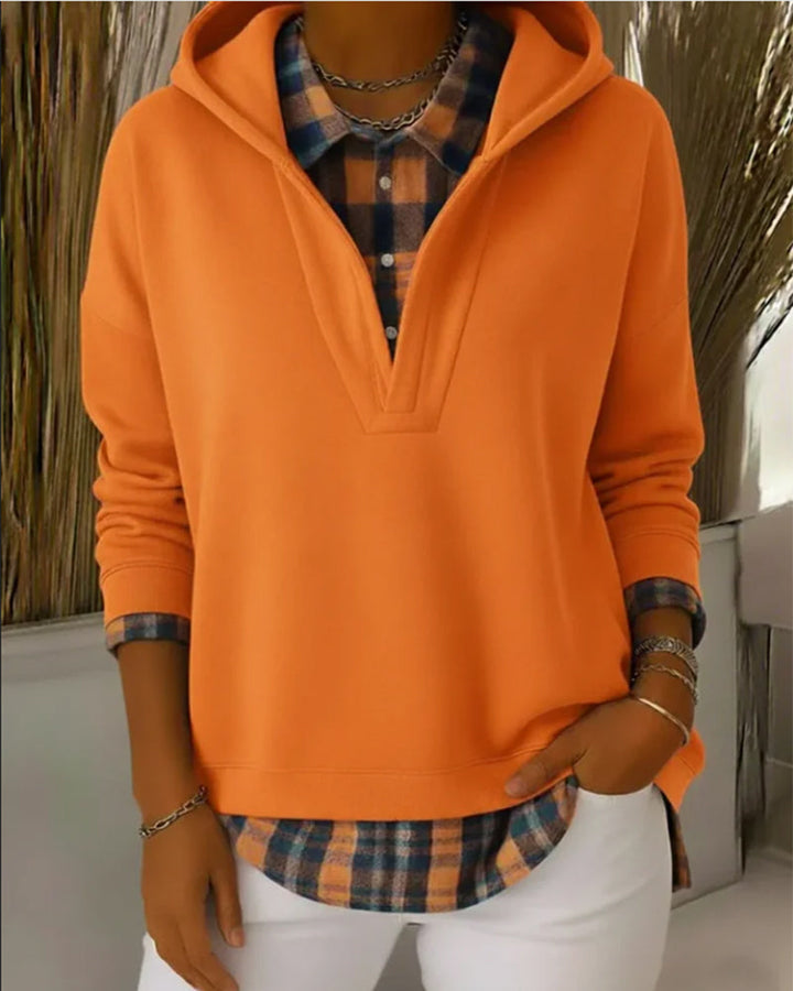 Hoodie Fake Two-Piece Checkered Patchwork