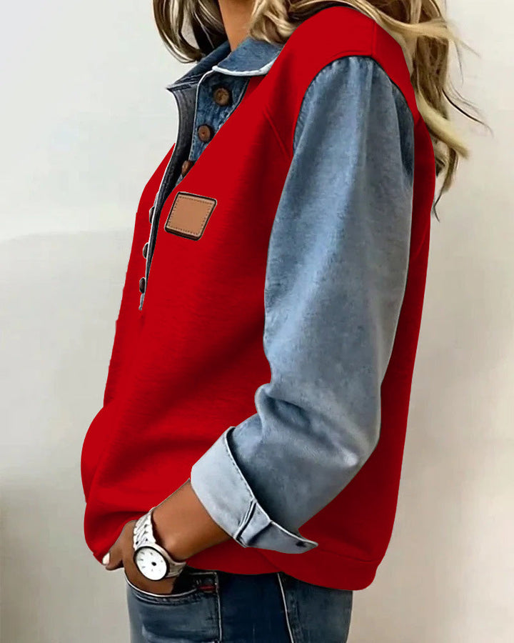 Stylish Sweatshirt with Denim Patchwork and Long Sleeves